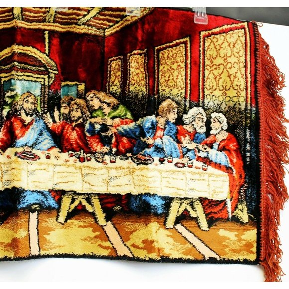 Vtg 70s P&C Last Supper Velvet Tapestry Wall Hanging 39x19 Red Fringe Religious - Picture 5 of 8